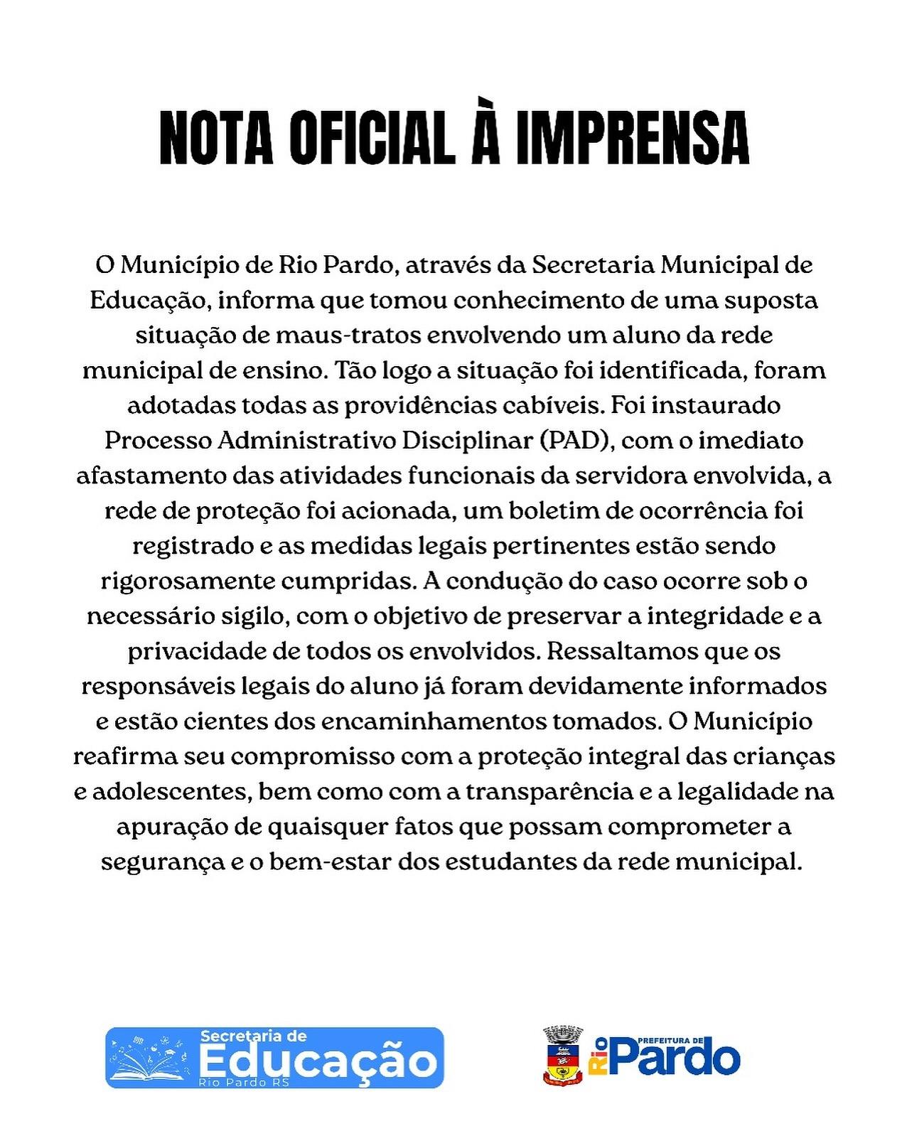 Secretaria de educação divulga nota em rede social