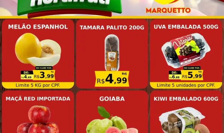 Hortifrúti fresquinho, carnes selecionadas e muito mais no Marquetto
