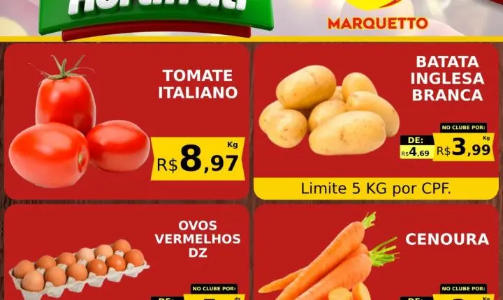 Hortifrúti fresquinho, carnes selecionadas e muito mais no Marquetto