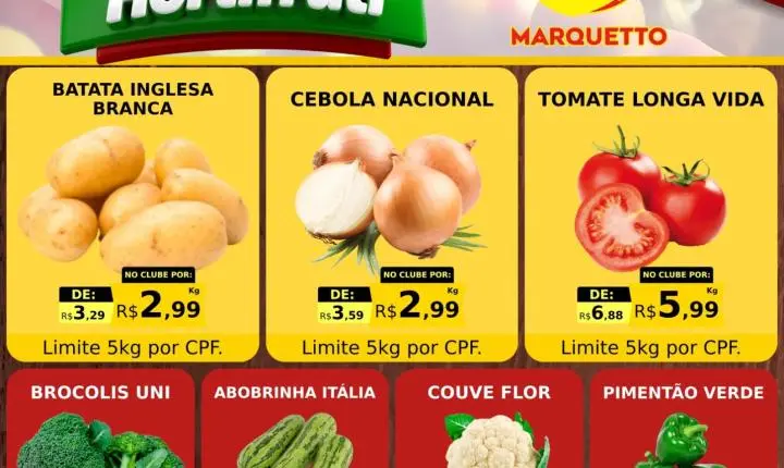 Quarta e quinta com ofertas especiais no hortifrúti e no açougue do Marquetto
